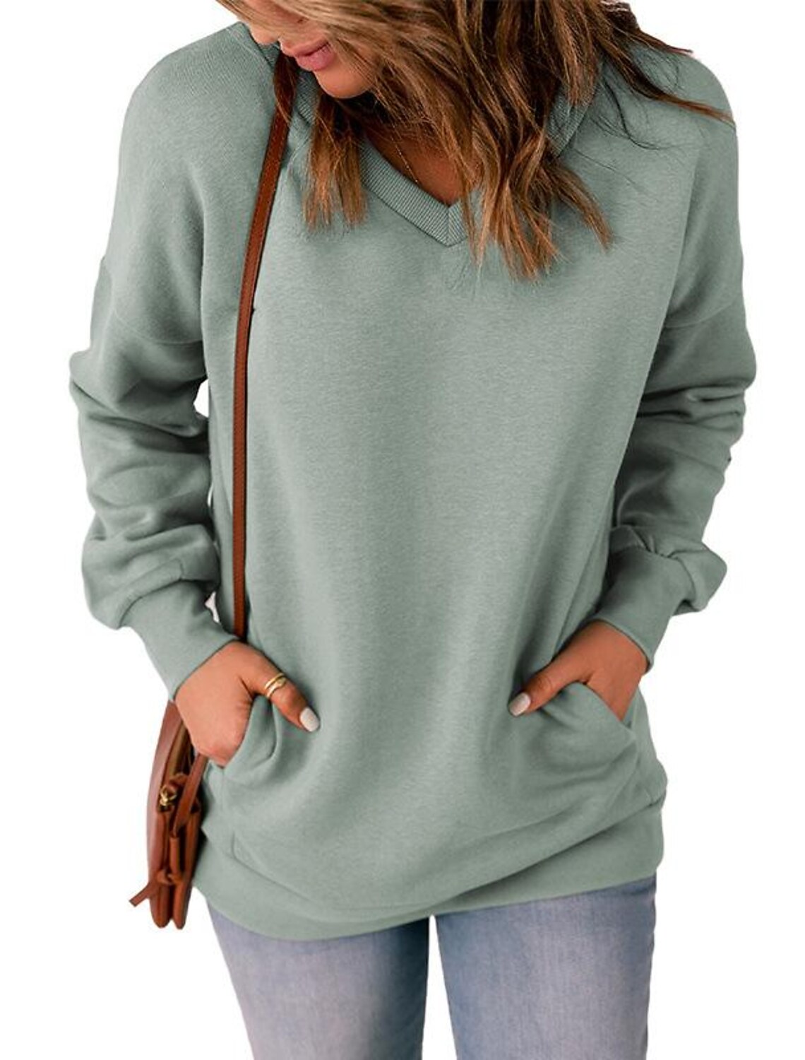 Lightinthebox Actloe Women's Casual V Neck Sweatshirt Long Sleeve Solid Shirts with Front Pockets