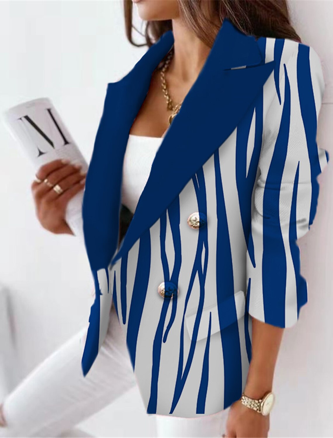Mujer chaqueta Oficina Trabajo Otoño Invierno Regular Abrigo Ajuste regular Transpirable Elegante Formal Chaquetas Manga Impresión 3D Rayas y Con bolsillos Azul Piscina Azul Oscuro 9263024 2023 – $39.99