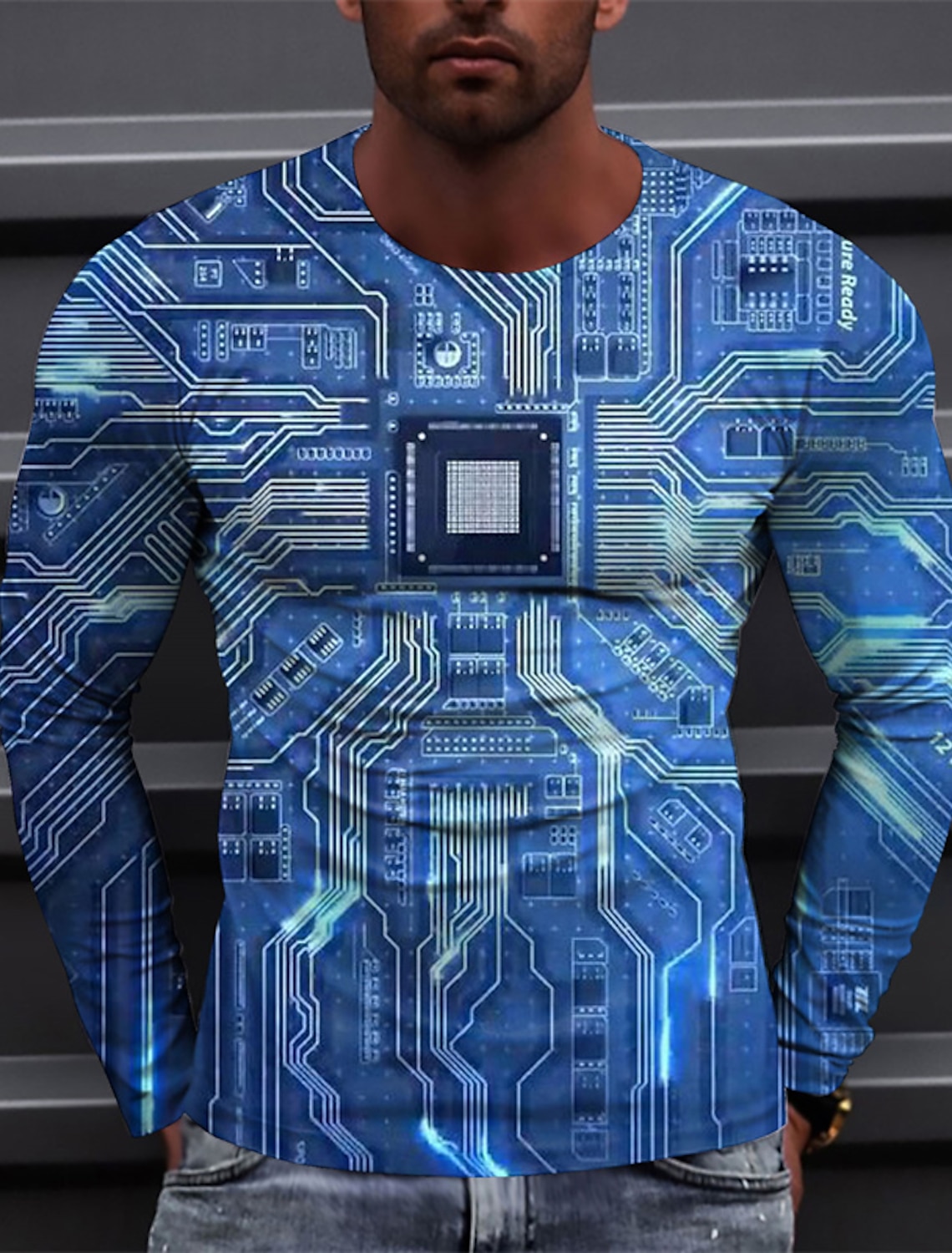 Herre T-shirt tryk Maskine hals Havblå Blå Lyseblå 3D-udskrivning udendørs Gade Langærmet Trykt mønster Basale Sport Designer Afslappet 9379177 2023 – €28.05
