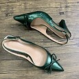 Dámské vintage zelené lodičky s úzkým podpatkem z 50. let s mašlí – špičatá špička, lodičky na středním podpatku do kanceláře, na svatby a elegantní večírky