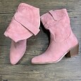 Women's Pink Western-Inspired Ankle Boots with Embroidered Details – Stylish Suede Block Heel Cowboy Boots for Casual Outings, Festivals, and Everyday Wear
