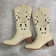 Women's Beige Western Cutout Cowboy Boots – Embroidered Mid-Calf Block Heel Boots for Country Events, Rodeos, and Festival Fashion