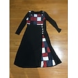 Vestido casual para mujer, vestido de corte A, diseño geométrico de patchwork, botones, manga larga, cuello redondo, negro, rojo, para trabajo, otoño e invierno, suave, cómodo, regular