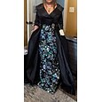 Robe de soirée A-Line verte brodée de fleurs élégante robe formelle de mariage longueur au sol manches demi col chemise satin avec fente appliques