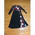Vestido casual para mujer, vestido de corte A, diseño geométrico de patchwork, botones, manga larga, cuello redondo, negro, rojo, para trabajo, otoño e invierno, suave, cómodo, regular