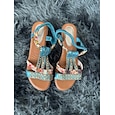 Sandalias de cuña para mujer con adornos de diamantes de imitación: cómodas tiras elásticas y detalles con estampados florales para un look informal de verano.