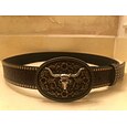 Cinturón de piel sintética estilo western para hombre con diseño floral grabado y hebilla de calavera de toro: cinturón de vaquero de estilo vintage para rodeo y ropa informal