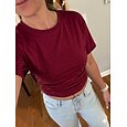 Mujer Camiseta Camiseta superior Frunce Color sólido Plano Moda Elegante Clásico Manga Corta Cuello Barco Escote Redondo Tops cortos Diario Noche Fin de semana Marrón Oscuro Negro Blanco Rosa Vino