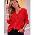 Blusa de mujer 100% algodón con botones, color liso, para uso diario informal, manga 3/4, cuello en V, tops regulares, para uso diario, negro, blanco, rojo, naranja, verde, verano, primavera, otoño