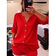 Blusa de mujer 100% algodón con botones, color liso, para uso diario informal, manga 3/4, cuello en V, tops regulares, para uso diario, negro, blanco, rojo, naranja, verde, verano, primavera, otoño