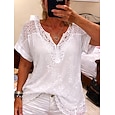 Mujer Blusa Encaje Color sólido Elegante Casual Manga Corta Escote en Pico Tops regulares Diario Azul Piscina Negro Blanco Naranja Gris Verano Primavera Otoño
