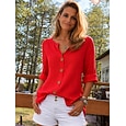 Blusa de mujer 100% algodón con botones, color liso, para uso diario informal, manga 3/4, cuello en V, tops regulares, para uso diario, negro, blanco, rojo, naranja, verde, verano, primavera, otoño