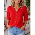 Blusa de mujer 100% algodón con botones, color liso, para uso diario informal, manga 3/4, cuello en V, tops regulares, para uso diario, negro, blanco, rojo, naranja, verde, verano, primavera, otoño