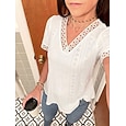 Mujer Parte superior con ojales Camiseta de punto Camiseta Tee Con Texturas Elegante Clásico Manga Corta Escote en Pico Tops regulares Casual Playa Blanco Amarillo Rosa Verano