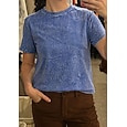Camiseta de mujer 100% algodón, estilo vintage, con efecto desgastado, manga corta, cuello redondo, manga larga, estilo casual, ideal para el día a día en la playa. Colores: rosa, rojo, azul, verde hierba, negro, naranja, verano y primavera.