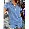 Mujer Henley Shirt Vintage Moda Elegante Manga Corta Tops regulares Casual Playa Azul Piscina Negro Morado Naranja Caqui Primavera