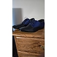 Zapatos de vestir Oxford de charol azul marino para hombre con paneles de gamuza en contraste, elegantes zapatos formales de punta puntiaguda para eventos de negocios y de noche.