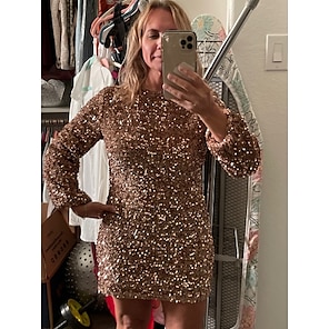 Women's Party Dress Sequin Dress Khaki White Black Long Sleeve Pure Color Sequins Fall Spring Crew Neck Party Sexy Party Halloween Fall Dress Lantern Sleeve 2022 S M L XL / Winter Dress