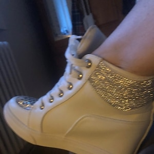 Women's White Rhinestone Wedge Sneakers – Faux Leather High Top